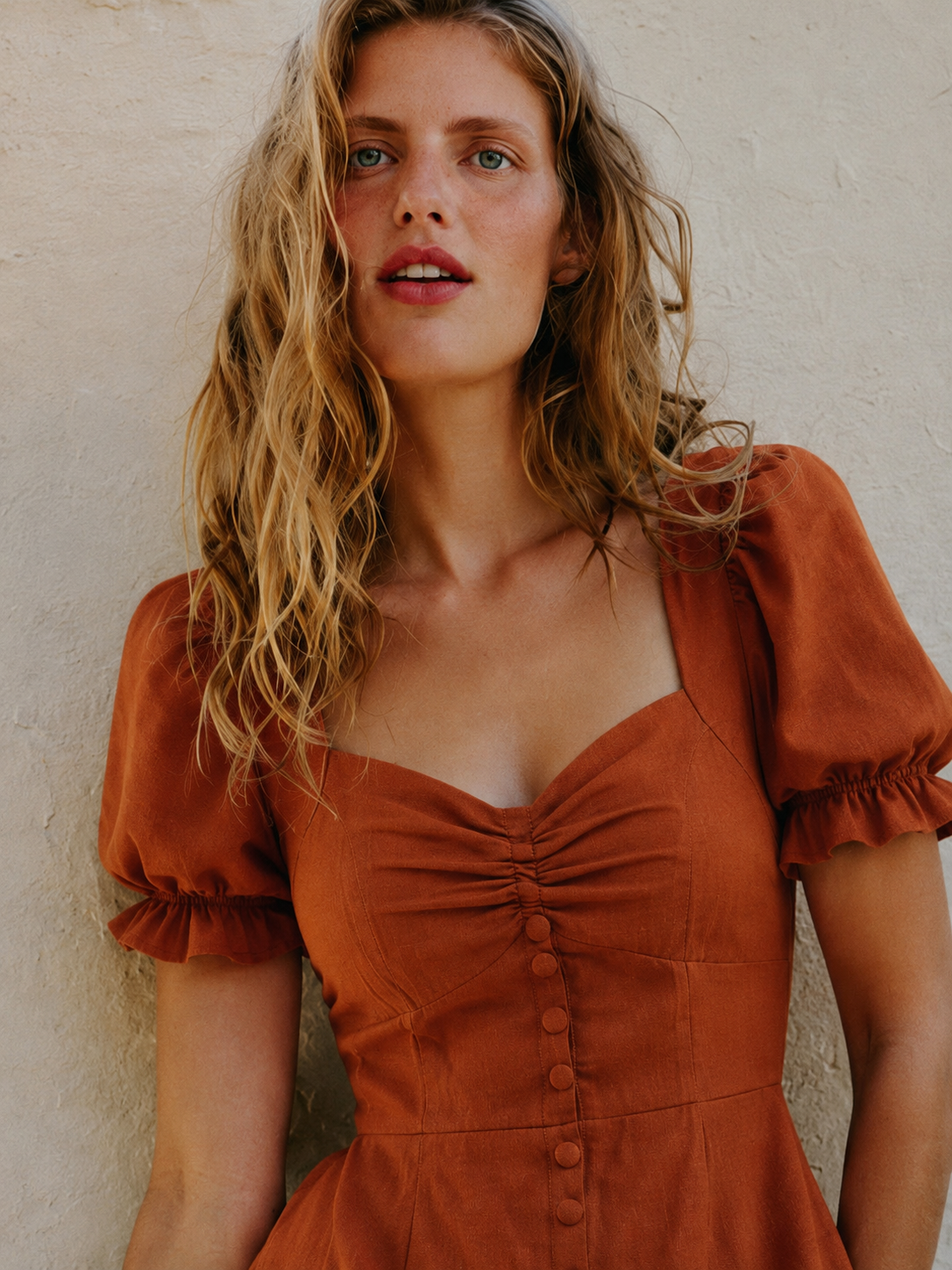 burnt-orange-ruched-cotton-midi-dress