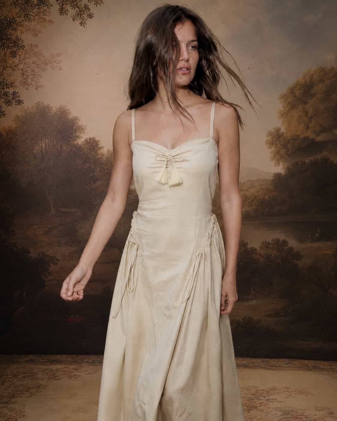 Aurelia Princess Ruched Cotton Maxi Dress – Light Cream - Image 7