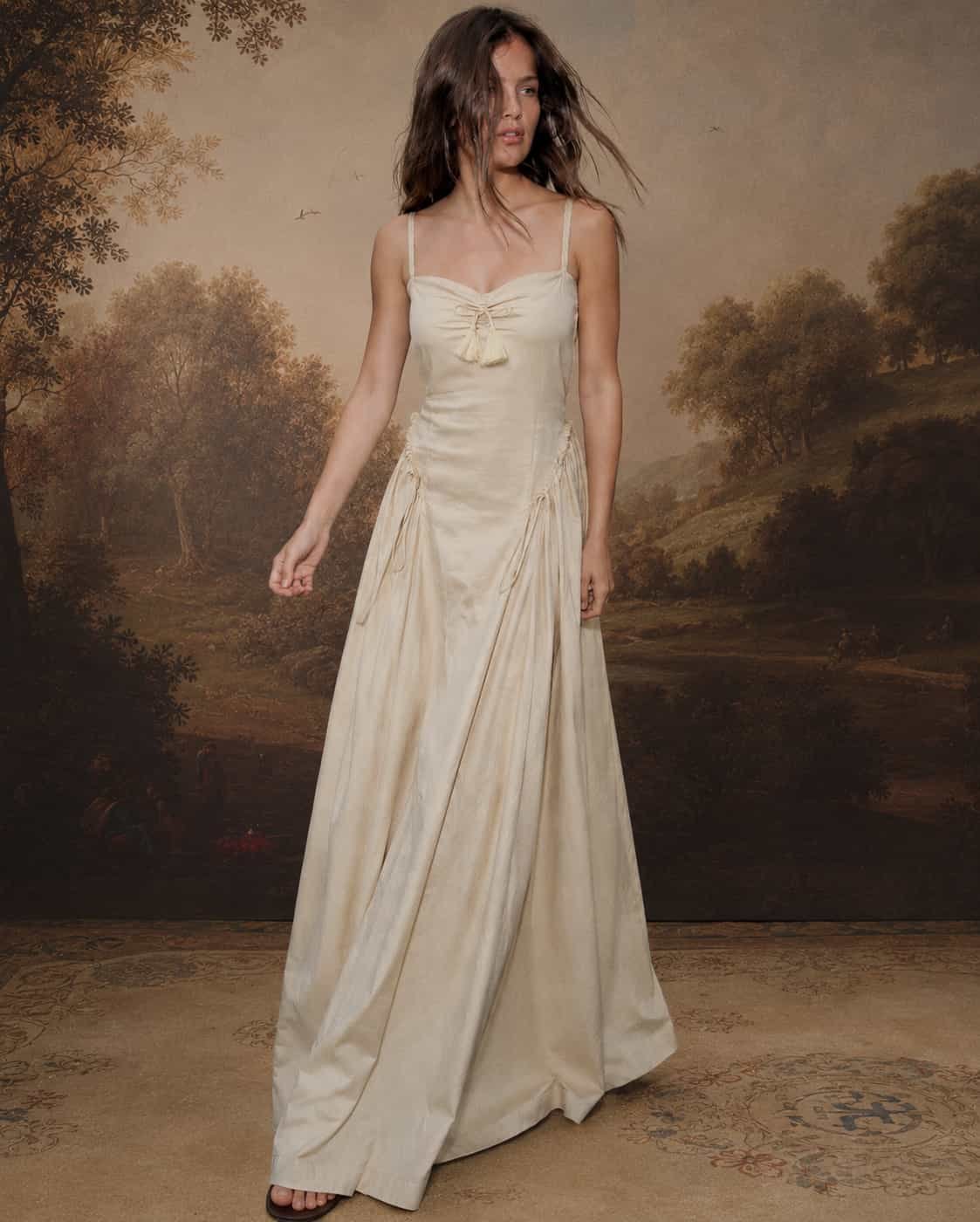 Aurelia Princess Ruched Cotton Maxi Dress – Light Cream - Image 3