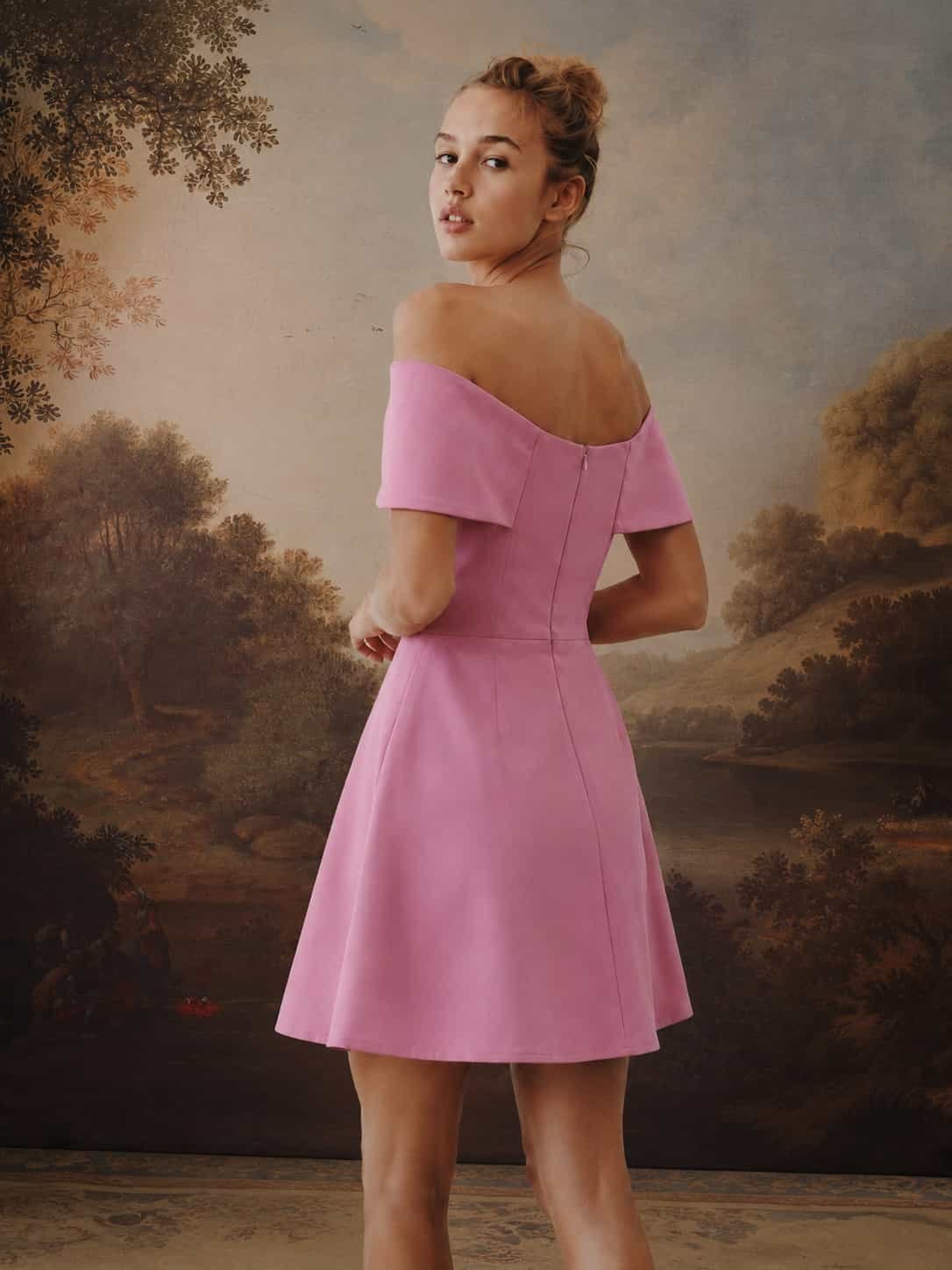 Rosé Bow Off-Shoulder Banana Crepe Mini Dress – Pink - Image 4