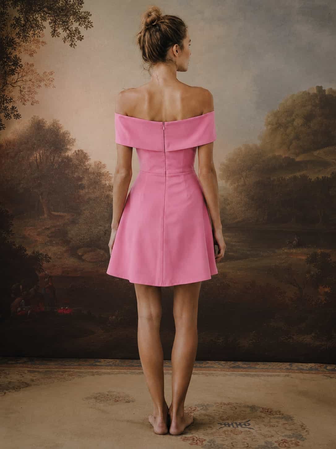 Rosé Bow Off-Shoulder Banana Crepe Mini Dress – Pink - Image 7